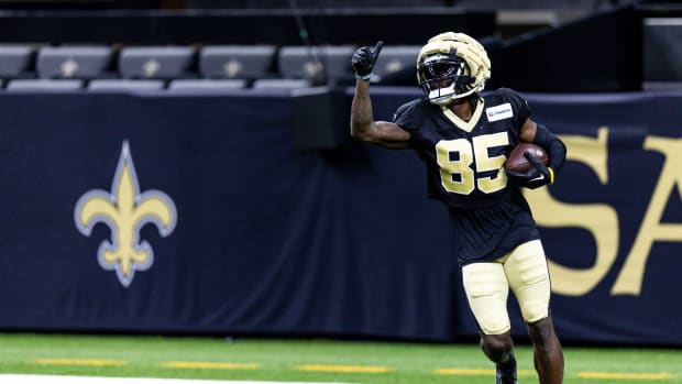 Aug 11, 2023; Metairie, LA, USA; New Orleans Saints wide receiver Jontre Kirklin (85) works on receiver drills during training camp at the Caesars Superdome. Mandatory Credit: Stephen Lew-USA TODAY Sports  